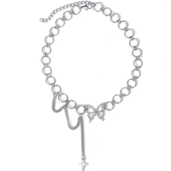 Butterfly Choker Pendant Drop Star Cross Round Chain Silvertone Boho 14"+ 2" ext - Picture 4 of 17